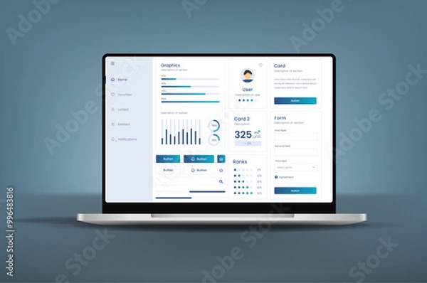 Fototapeta User interface of an analysis panel on a laptop. UX UI design. Dashboard usability laptop on electronic devices. Charts and tables for efficient data management and monitoring.