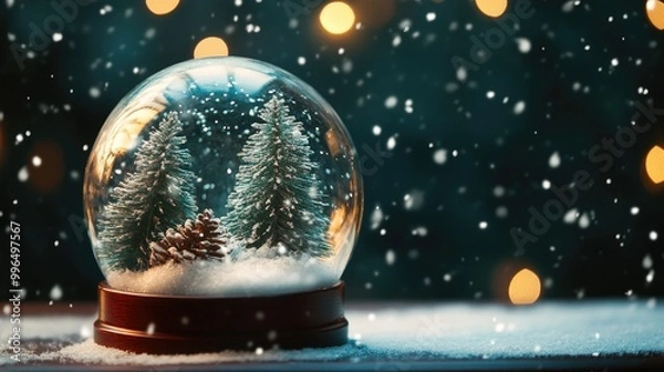 Fototapeta Christmas snow globe featuring snow and pine trees against a dark backdrop