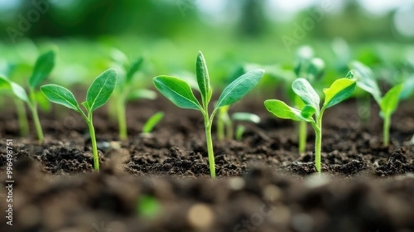 Fototapeta Green seedlings sprout from the soil symbolizing plant growth and the importance of environmental conservation