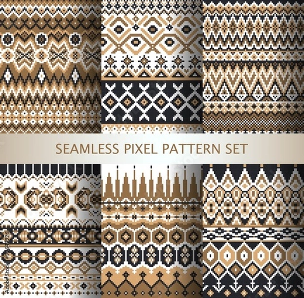 Fototapeta Collection of pixel colorful seamless patterns with stylized Greenland national ornament. Vector illustration.