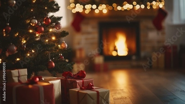 Fototapeta Charming Christmas tree adorned with presents and a fireplace in a softly blurred backdrop Room for text