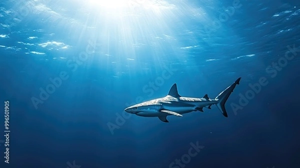 Fototapeta A white shark gliding gracefully through the ocean depths