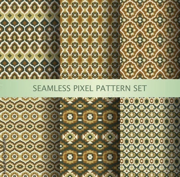 Fototapeta Collection of pixel colorful seamless patterns with stylized Greenland national ornament. Vector illustration.