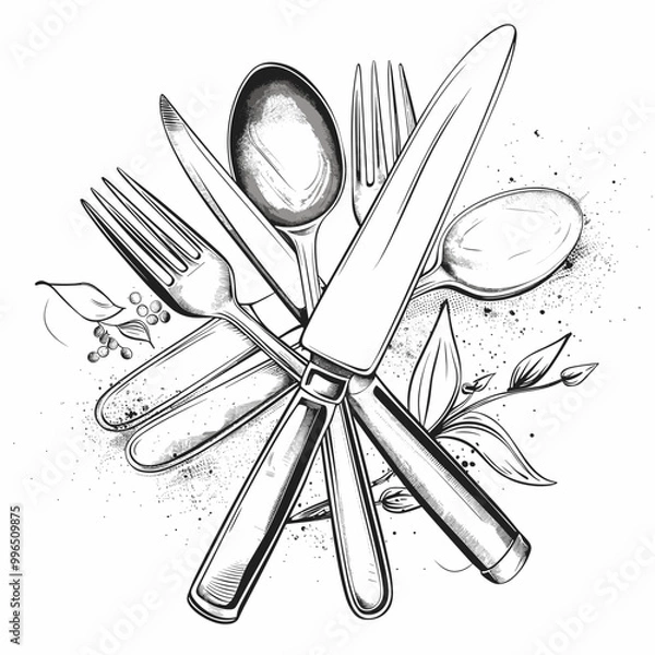 Fototapeta Artistic illustration of cutlery including forks, knives, and spoons with decorative elements