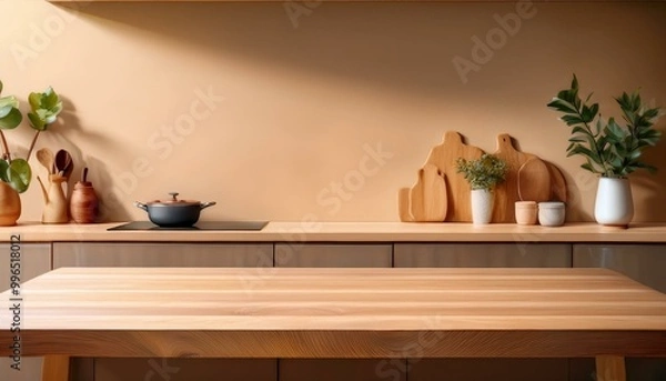 Fototapeta Wooden countertop in the kitchen. Empty product table against a beige wall background. Brown podium for presentation. Interior with a platform for advertising eco-cosmetics

