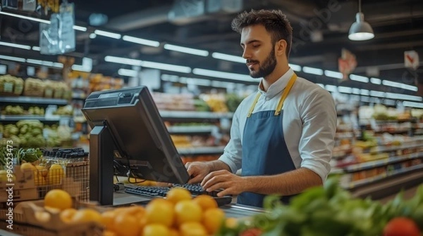 Obraz Smiling Grocery Store Cashier at Checkout Counter.