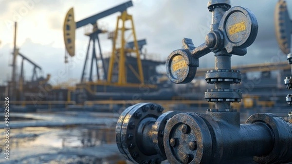 Fototapeta Close-up of a rusted industrial valve in an oil field, showcasing the machinery and equipment used in extraction processes.