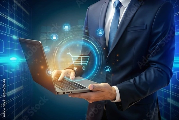 Fototapeta businessman using a laptop with a virtual screen of an online shopping icon.