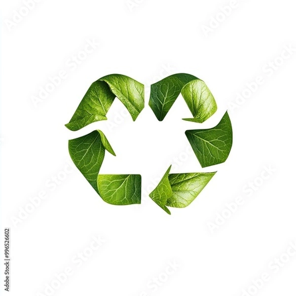Fototapeta A creative depiction of sustainability, featuring green leaves arranged in a recycle symbol, promoting eco-friendliness.