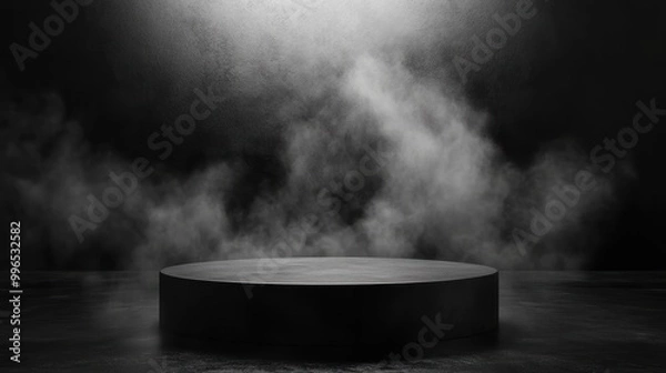 Fototapeta Empty circular stage with dramatic lighting and mist, creating a mysterious and atmospheric mood.