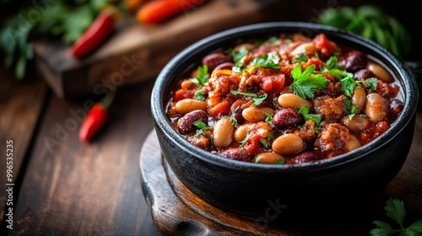 Fototapeta A delicious casserole featuring sausage and various beans simmered in a rich tomato sauce is beautifully presented in a black bowl. Fresh herbs add a vibrant touch