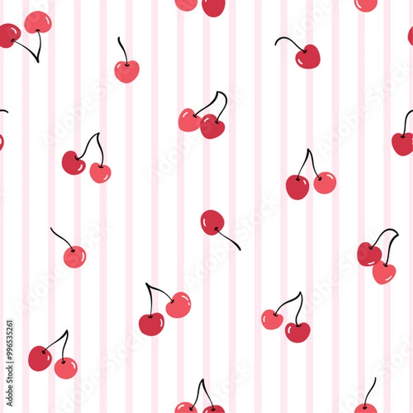 Obraz Cute gingham seamless pattern. Vector iilustration. Cherry on pink striped background. Texture for print, textile, fabric.