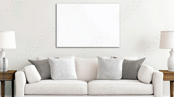 Fototapeta Mockup poster canvas in the living room, the pastel sofa with gray pillows, 3d render, mockup
