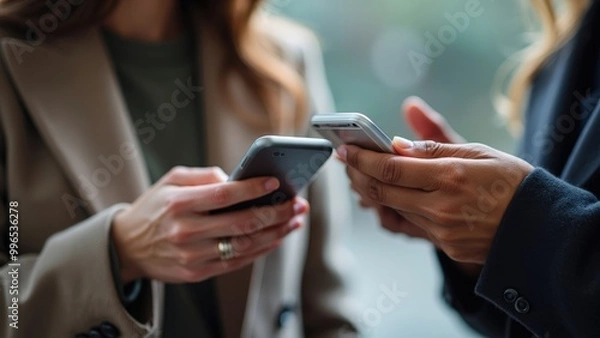 Fototapeta Two individuals using smartphones, highlighting the digital age’s effect on communication and the pervasive role of mobile technology in shaping contemporary social interactions.