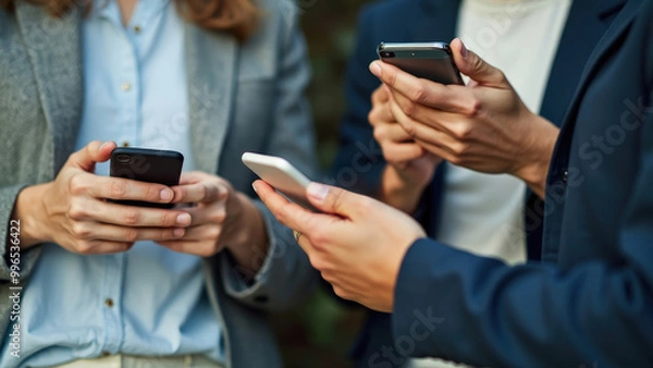 Obraz A scene of modern life: three individuals focused on their smartphones, representing the digital age’s impact on communication and the omnipresence of mobile technology in daily interactions.