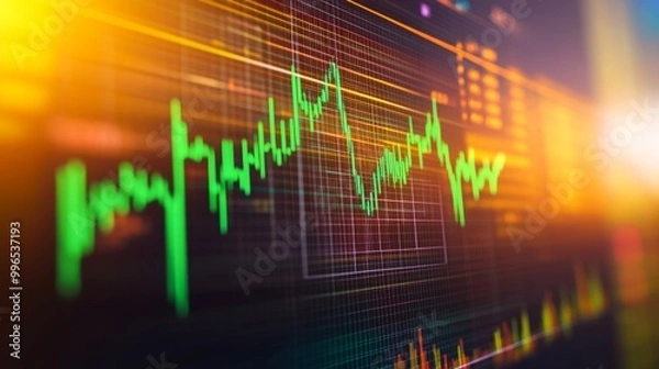 Fototapeta Close-up of digital stock market screen showing dividend stock graph with green upward trend line, symbolizing financial growth and investment success.