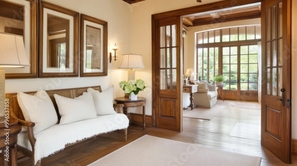 Fototapeta The entryway features a rustic bench adorned with pillows and throw blankets, complemented by framed landscape prints and a textured rug for a warm atmosphere.