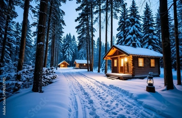 Fototapeta Snowy forest path with lanterns leading to cozy cabin