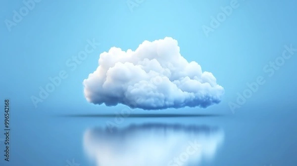 Fototapeta A single fluffy white cloud floats against a bright blue sky, with its reflection mirrored in the water below.