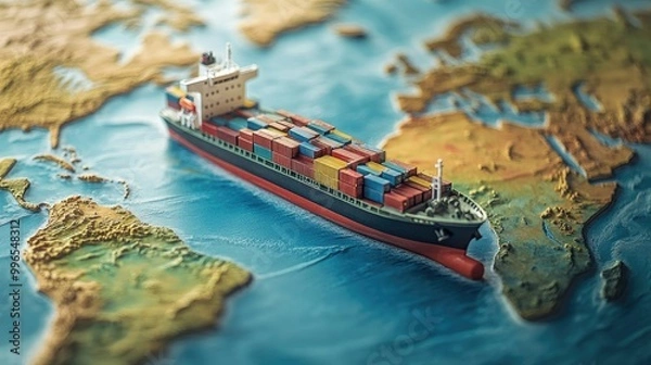 Obraz a container ship model positioned on a world map 