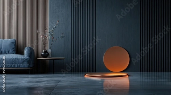 Fototapeta Modern interior featuring a stylish couch and decorative elements, serene atmosphere.