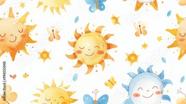 Fototapeta Colorful illustration of suns and clouds pattern