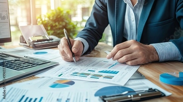 Obraz A professional reviewing financial charts and reports, highlighting significant data for better analysis and decision-making.