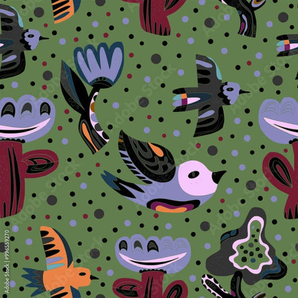 Fototapeta Flowers and birds stylized folk art elements Vector seamless overlapping pattern