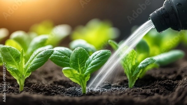 Obraz Closeup of a hand watering young green plants growing in rich soil. The water flows from a watering can, symbolizing growth and nurturing.