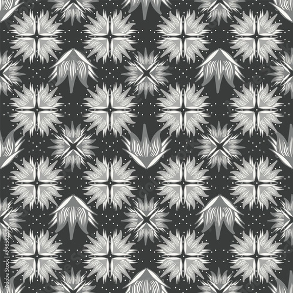 Fototapeta Black and white pattern with floral starbursts, geometric lines, and dots. Modern monochrome bold design is sophisticated and timeless. Fine line art is elegant yet rustic.
