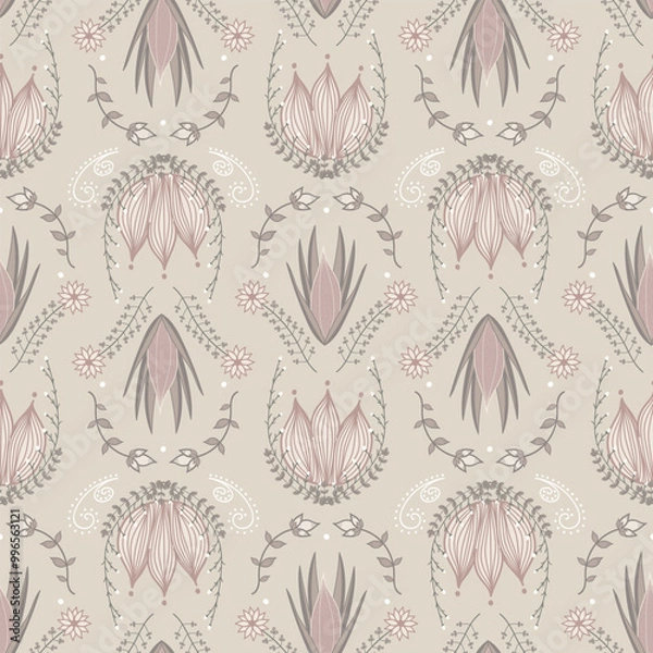 Fototapeta A neutral floral seamless pattern featuring beige, pink, and muted green tones with hand-drawn, symmetrical botanical elements. Elegant and vintage-inspired, perfect for those drawn to soft, romantic.