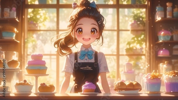 Fototapeta パン屋で働くアニメ調の日本人美少女