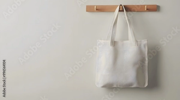 Fototapeta A minimalist white tote bag hanging on a wooden hook against a light wall, exemplifying simplicity and modern design.