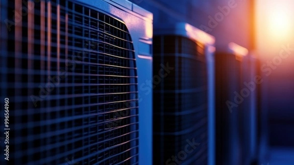 Fototapeta Close-up of industrial air conditioning units in a blue ambiance.