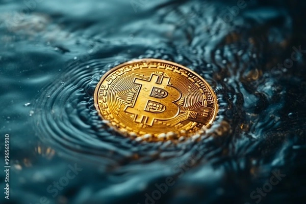 Fototapeta Bitcoin coin splashing in water, representing cryptocurrency and finance