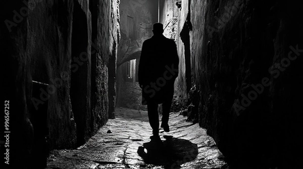 Fototapeta A lone figure walks through a cobblestone alley illuminated by streetlights on a quiet night, creating a mysterious ambiance