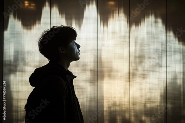 Fototapeta Silhouette of a man in profile contemplating in a serene indoor setting