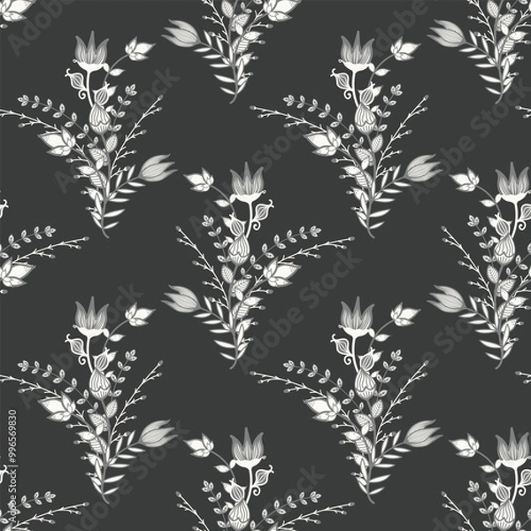 Fototapeta Monochrome seamless botanical pattern featuring hand-drawn floral elements in gray and white. The intricate design is elegant and vintage-inspired, perfect for timeless, nature-driven aesthetic.