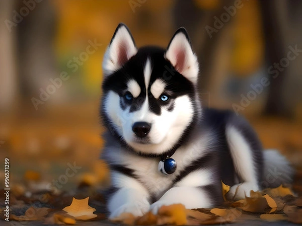 Fototapeta A Husky dog positioned on a scenic path amidst blooming flowers and greenery during the fall season. generated ai
