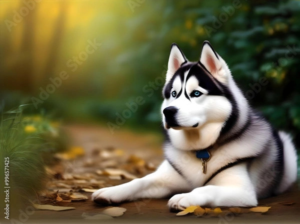 Fototapeta A Husky dog positioned on a scenic path amidst blooming flowers and greenery during the fall season. generated ai