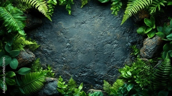 Fototapeta Lush Green Foliage Frame on Dark Stone Background