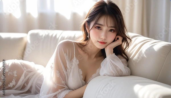 Obraz A beautiful woman relaxing on a white sofa in a living room with the morning sun shining in. Loungewear. Negligee. 朝日の差し込むリビングルームの白色のソファでくつろぐ綺麗な女性。部屋着。ネグリジェ。