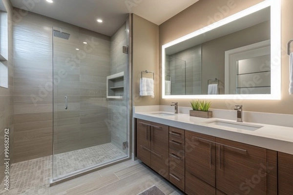 Fototapeta a modern bathroom with a walk-in shower, a double sink vanity, and a large mirror with led lighting