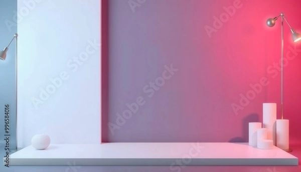 Fototapeta Minimalist white podium on a colorful backdrop with lamps.