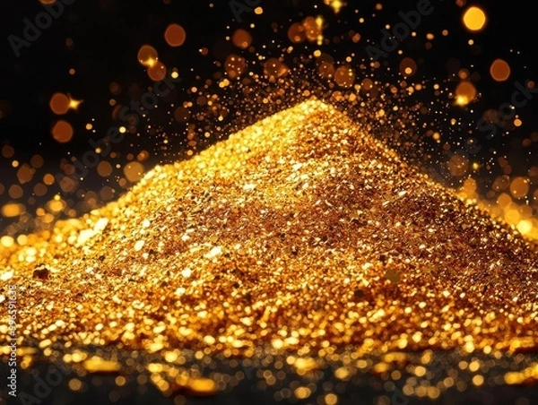 Fototapeta Pile of shimmering gold dust with bokeh lights.