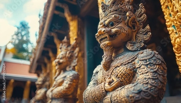 Fototapeta Closeup of a golden, ornate statue with a serene expression.