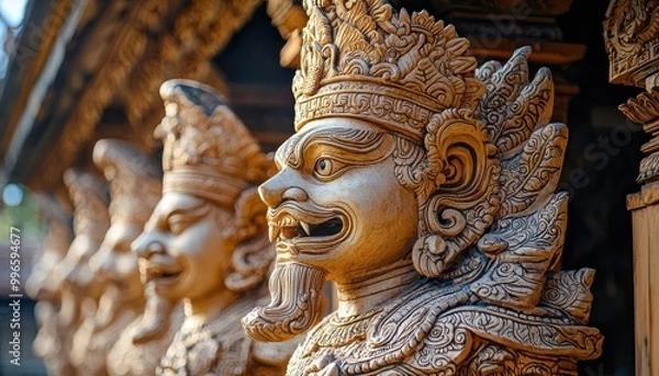 Fototapeta Closeup of a golden, ornate statue with a serene expression.