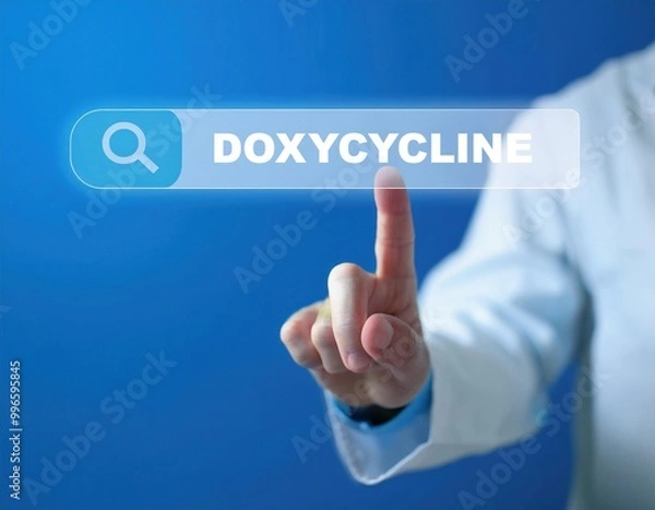 Obraz A person in a lab coat presses a virtual search bar with "Doxycycline" displayed, symbolizing the search for information on the antibiotic used in PEP and PrEP.