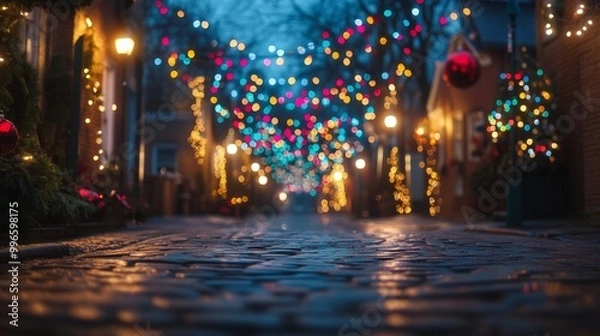 Fototapeta An empty scene featuring (a festive street lined with colorful holiday lights and decorations), creating an ideal product mockup space, 
