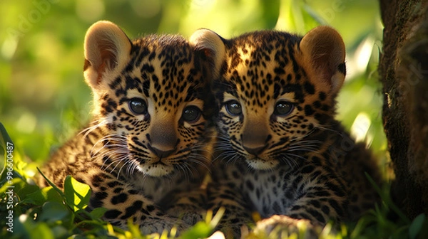 Fototapeta close up two tailed leopard cubs are playing